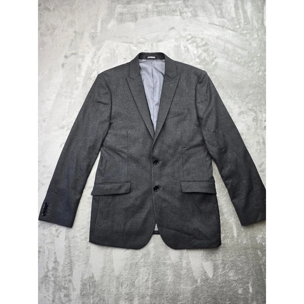 Express Men's Formal Gray Solid Blazer — Size 40R, 2-Button with Pockets.